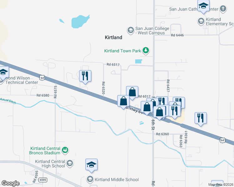 map of restaurants, bars, coffee shops, grocery stores, and more near 2 Road 6517 in Kirtland
