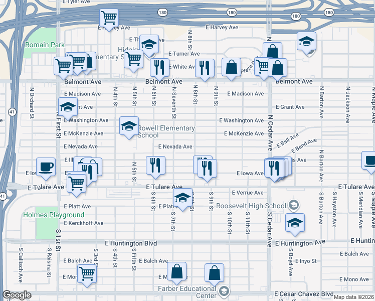 map of restaurants, bars, coffee shops, grocery stores, and more near 3750 East Nevada Avenue in Fresno