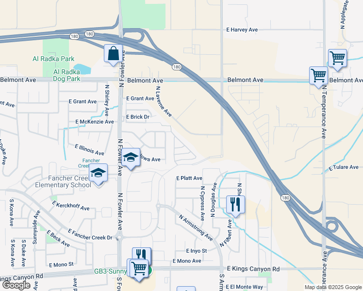 map of restaurants, bars, coffee shops, grocery stores, and more near 620 North Laverne Avenue in Fresno