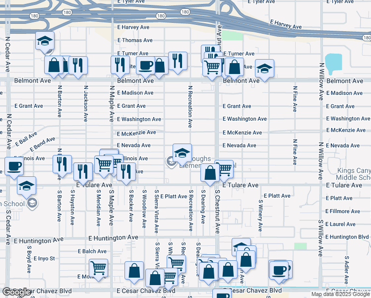 map of restaurants, bars, coffee shops, grocery stores, and more near 4740 East Nevada Avenue in Fresno