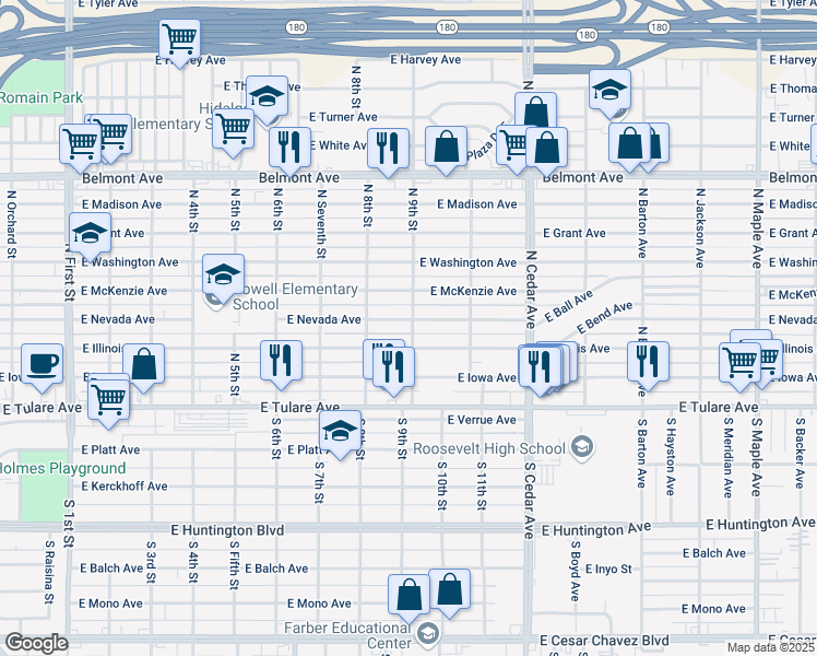 map of restaurants, bars, coffee shops, grocery stores, and more near 3920 East Nevada Avenue in Fresno