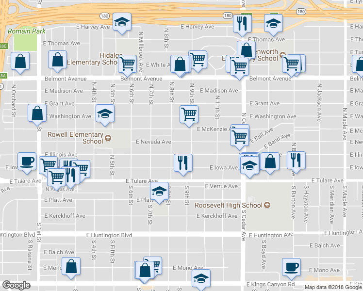 map of restaurants, bars, coffee shops, grocery stores, and more near 3840 East Nevada Avenue in Fresno