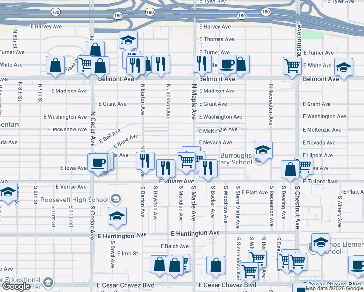 map of restaurants, bars, coffee shops, grocery stores, and more near 4576 E Nevada Ave in Fresno