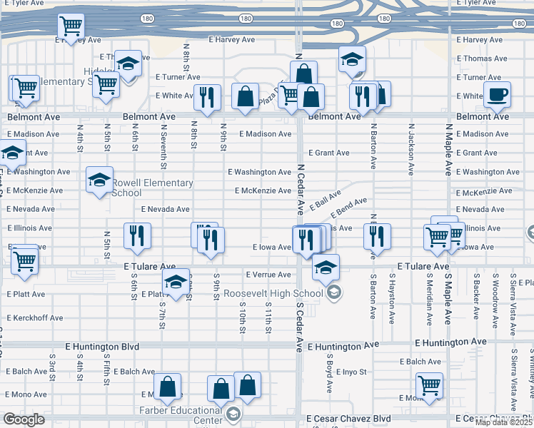 map of restaurants, bars, coffee shops, grocery stores, and more near 235 North 11th Street in Fresno