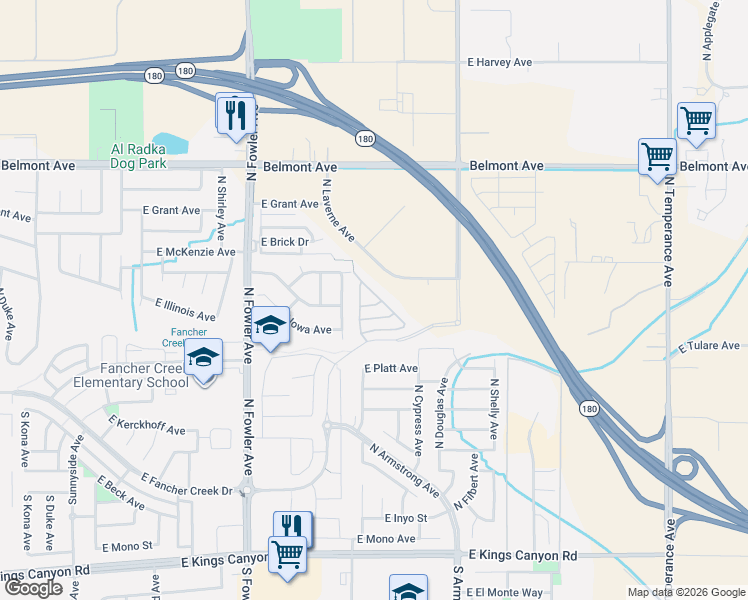 map of restaurants, bars, coffee shops, grocery stores, and more near 620 North Laverne Avenue in Fresno