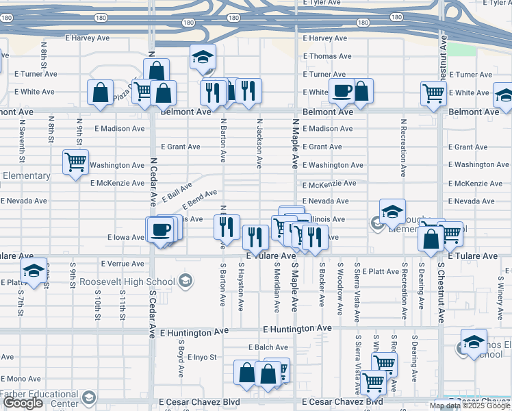 map of restaurants, bars, coffee shops, grocery stores, and more near 4546 East Nevada Avenue in Fresno