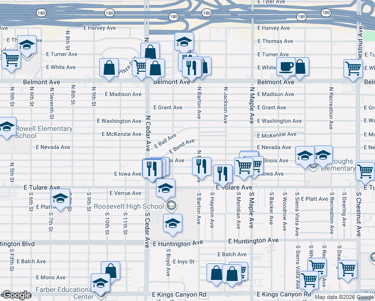 map of restaurants, bars, coffee shops, grocery stores, and more near 4454 East Nevada Avenue in Fresno