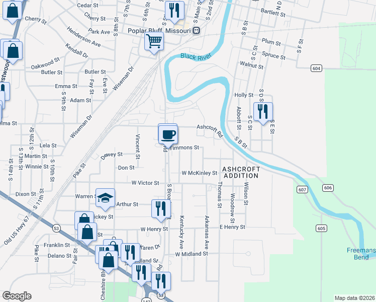 map of restaurants, bars, coffee shops, grocery stores, and more near 1503 Bethel Street in Poplar Bluff