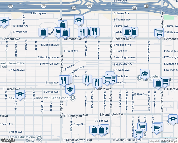 map of restaurants, bars, coffee shops, grocery stores, and more near 4512 East Nevada Avenue in Fresno