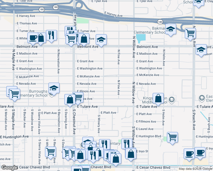 map of restaurants, bars, coffee shops, grocery stores, and more near 4912 East Nevada Avenue in Fresno
