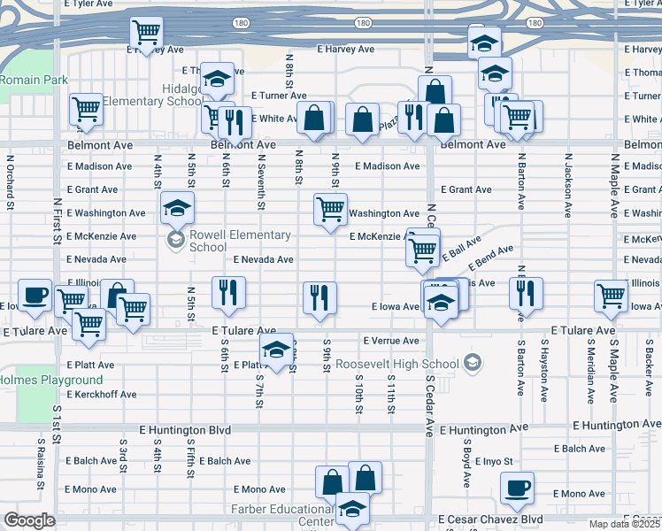 map of restaurants, bars, coffee shops, grocery stores, and more near 3920 East Nevada Avenue in Fresno