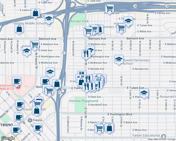 map of restaurants, bars, coffee shops, grocery stores, and more near 3120 East Nevada Avenue in Fresno
