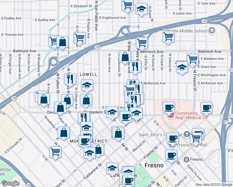 map of restaurants, bars, coffee shops, grocery stores, and more near 208 North Glenn Avenue in Fresno