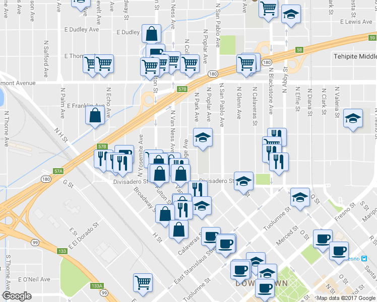 map of restaurants, bars, coffee shops, grocery stores, and more near 174 North College Avenue in Fresno