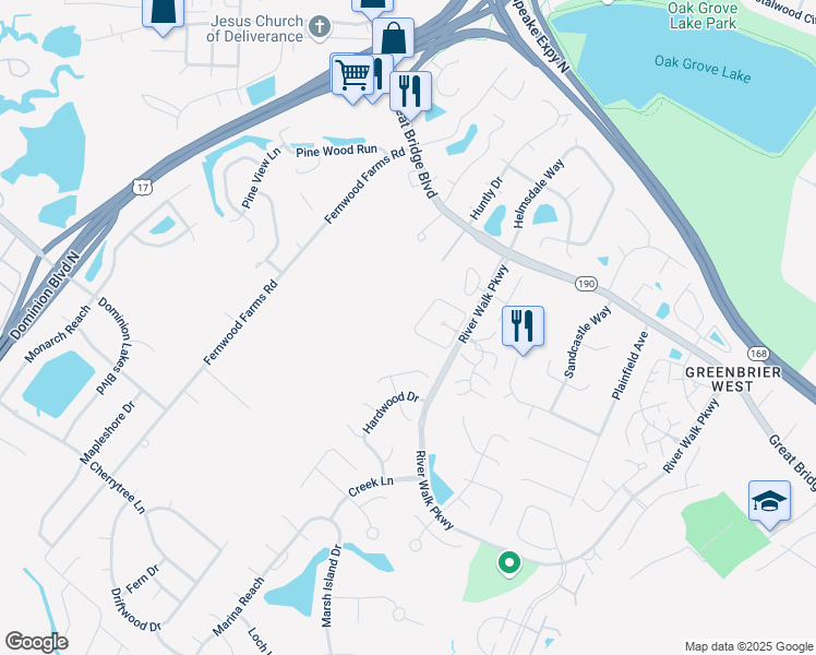 map of restaurants, bars, coffee shops, grocery stores, and more near 867 Rivanna River Reach in Chesapeake