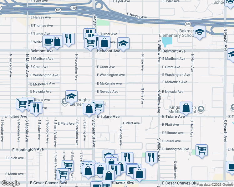 map of restaurants, bars, coffee shops, grocery stores, and more near 4874 East Nevada Avenue in Fresno