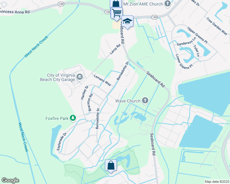 map of restaurants, bars, coffee shops, grocery stores, and more near 2404 Bernadotte Court in Virginia Beach