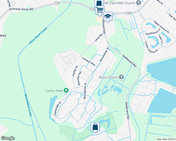 map of restaurants, bars, coffee shops, grocery stores, and more near 2519 Hartley Street in Virginia Beach