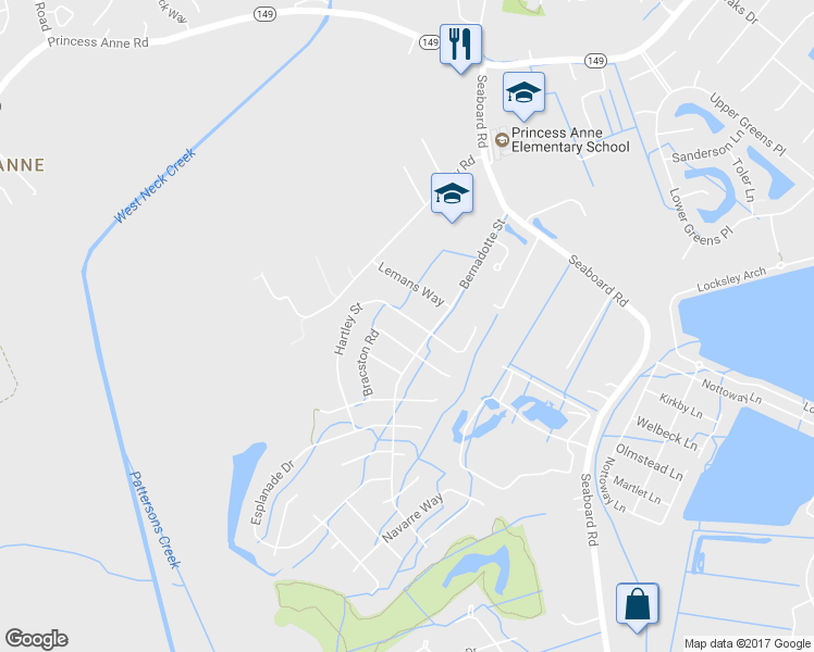 map of restaurants, bars, coffee shops, grocery stores, and more near 2519 Hartley Street in Virginia Beach