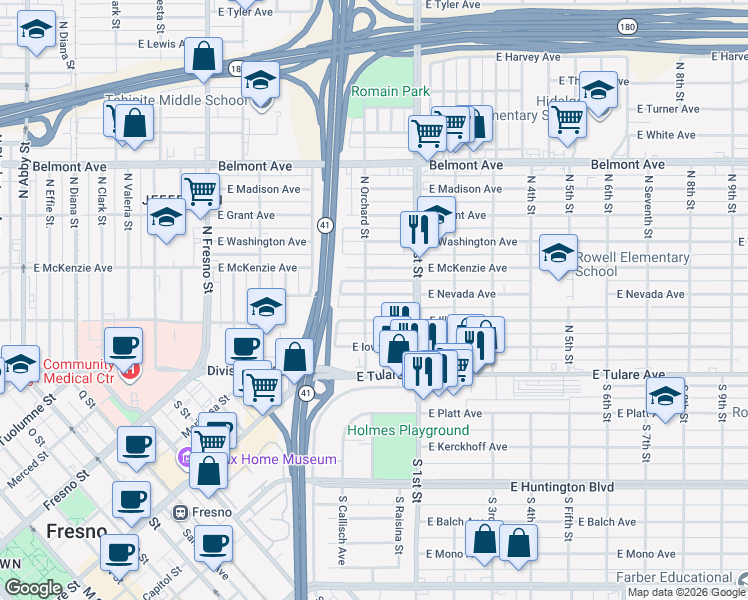 map of restaurants, bars, coffee shops, grocery stores, and more near 3014 East Nevada Avenue in Fresno