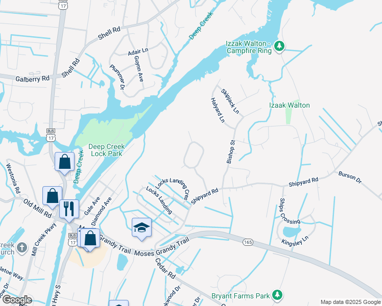map of restaurants, bars, coffee shops, grocery stores, and more near 2424 Broadnax Circle in Chesapeake