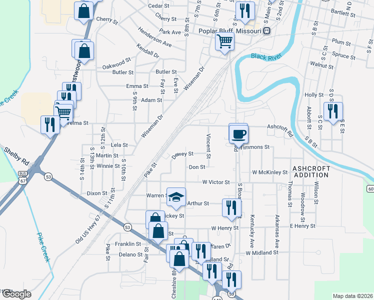 map of restaurants, bars, coffee shops, grocery stores, and more near 703 Dewey Street in Poplar Bluff