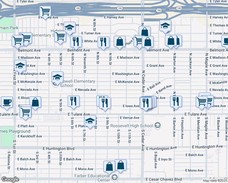 map of restaurants, bars, coffee shops, grocery stores, and more near 3920 East Nevada Avenue in Fresno