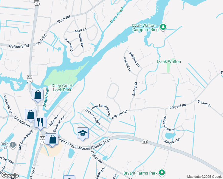 map of restaurants, bars, coffee shops, grocery stores, and more near 2424 Broadnax Circle in Chesapeake