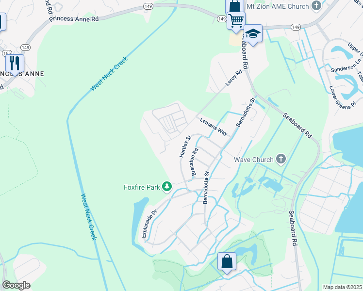 map of restaurants, bars, coffee shops, grocery stores, and more near 2604 Hartley Street in Virginia Beach