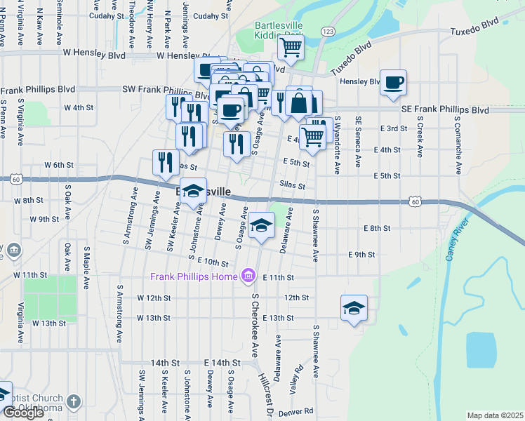 map of restaurants, bars, coffee shops, grocery stores, and more near 711 Southeast Cherokee Avenue in Bartlesville