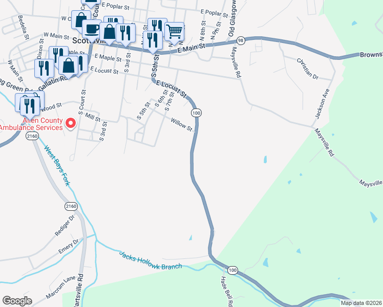 map of restaurants, bars, coffee shops, grocery stores, and more near 843-1107 Holland Road in Scottsville