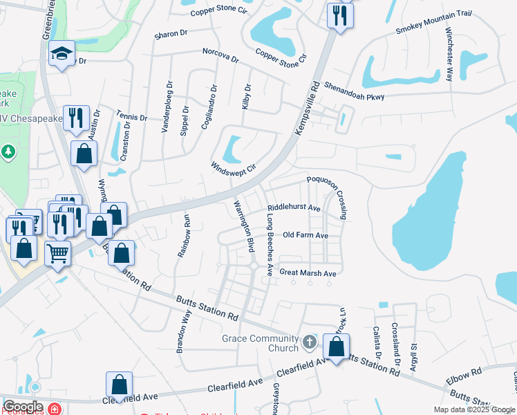 map of restaurants, bars, coffee shops, grocery stores, and more near 1100 Winsford Lane in Chesapeake