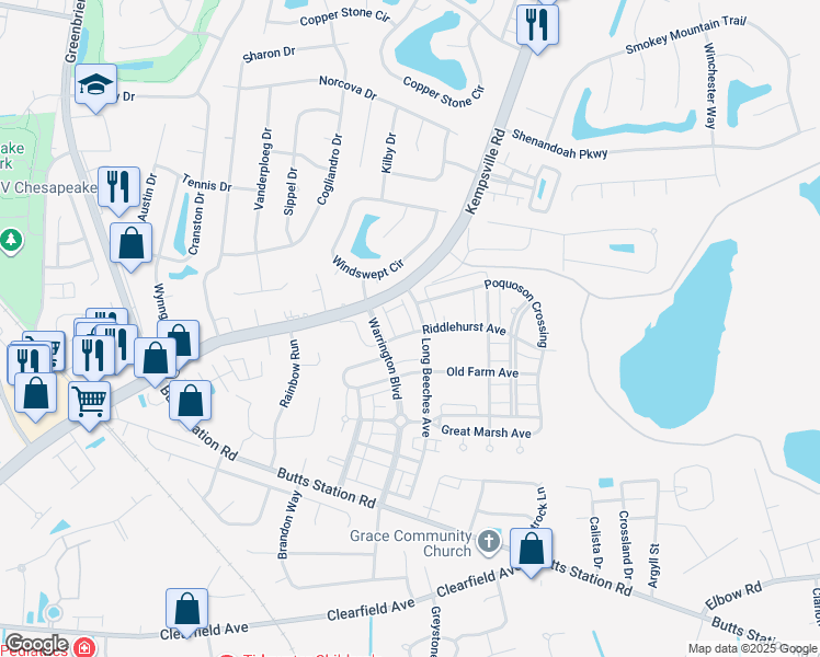 map of restaurants, bars, coffee shops, grocery stores, and more near 1100 Winsford Lane in Chesapeake