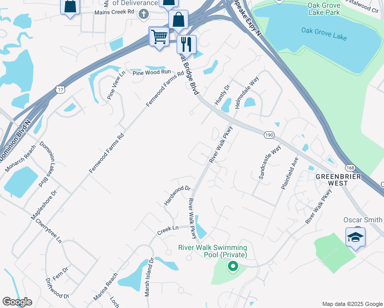 map of restaurants, bars, coffee shops, grocery stores, and more near 850 Rivanna River Reach in Chesapeake
