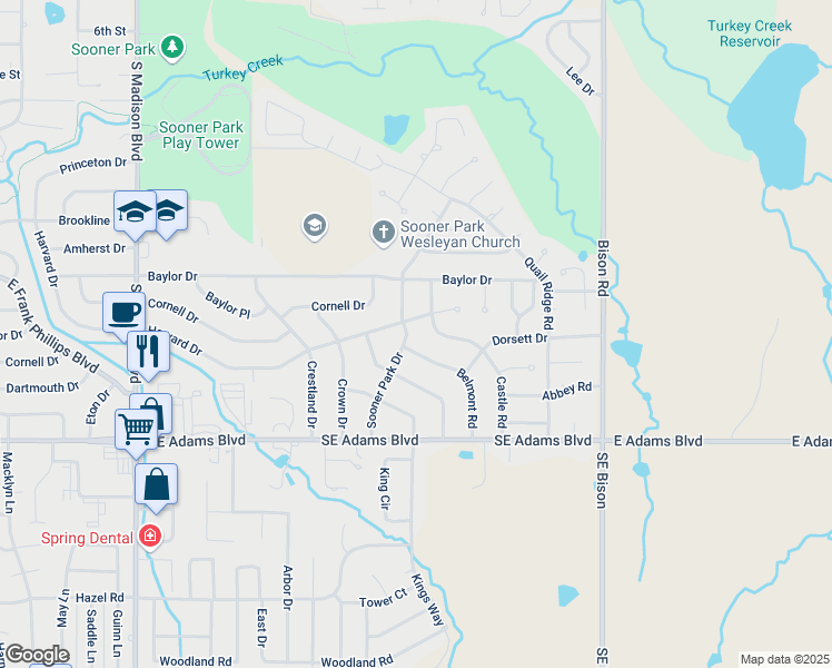 map of restaurants, bars, coffee shops, grocery stores, and more near 701 Sooner Park Drive in Bartlesville