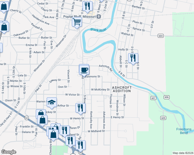 map of restaurants, bars, coffee shops, grocery stores, and more near 1503 Bethel Street in Poplar Bluff