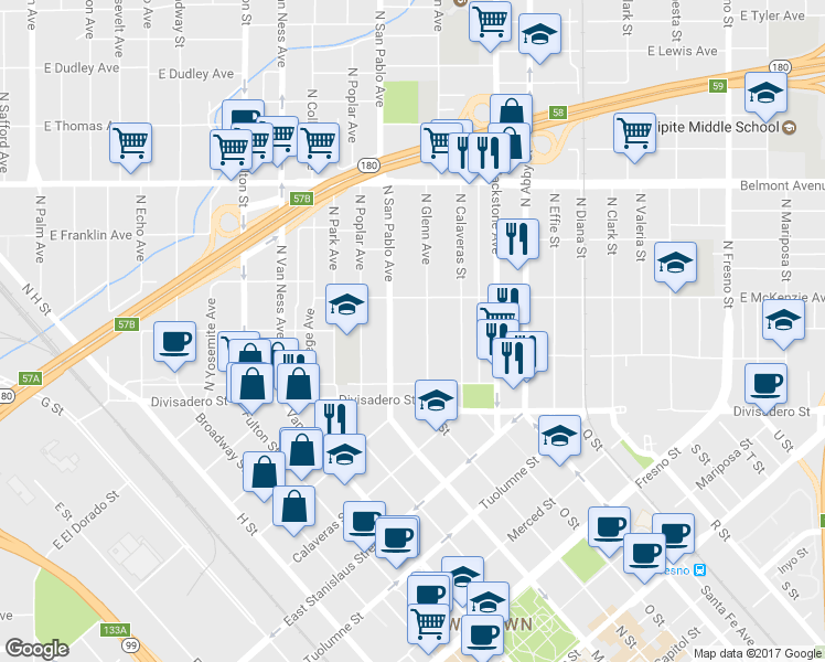 map of restaurants, bars, coffee shops, grocery stores, and more near 224 North San Pablo Avenue in Fresno