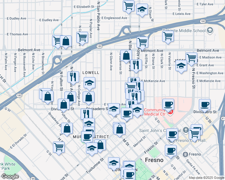 map of restaurants, bars, coffee shops, grocery stores, and more near 232 North Glenn Avenue in Fresno