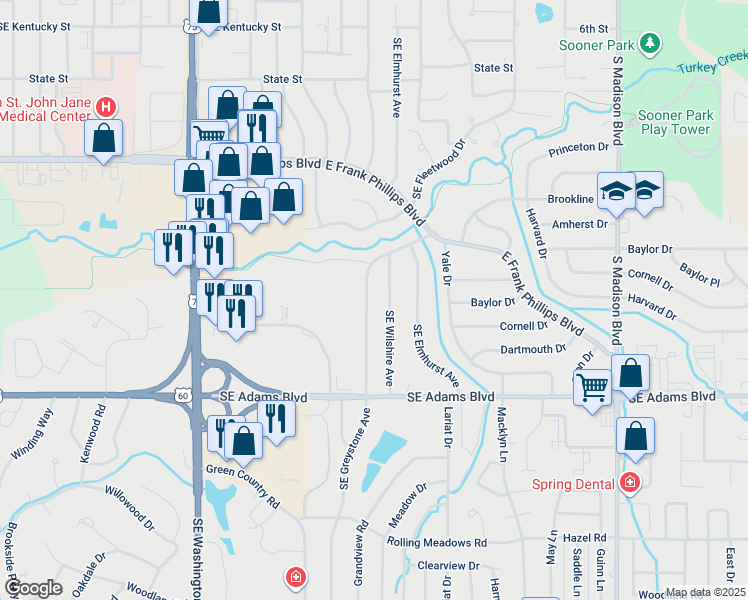 map of restaurants, bars, coffee shops, grocery stores, and more near 536 Southeast Greystone Avenue in Bartlesville