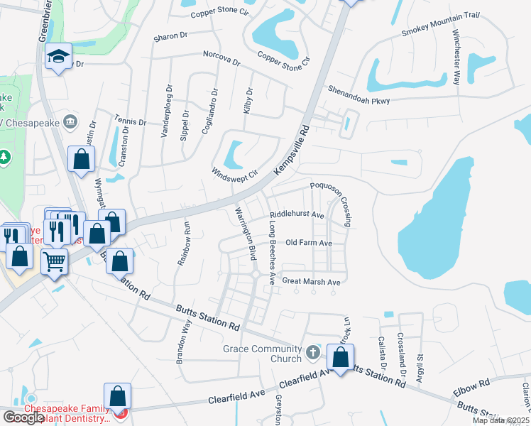 map of restaurants, bars, coffee shops, grocery stores, and more near 1101 Winsford Lane in Chesapeake