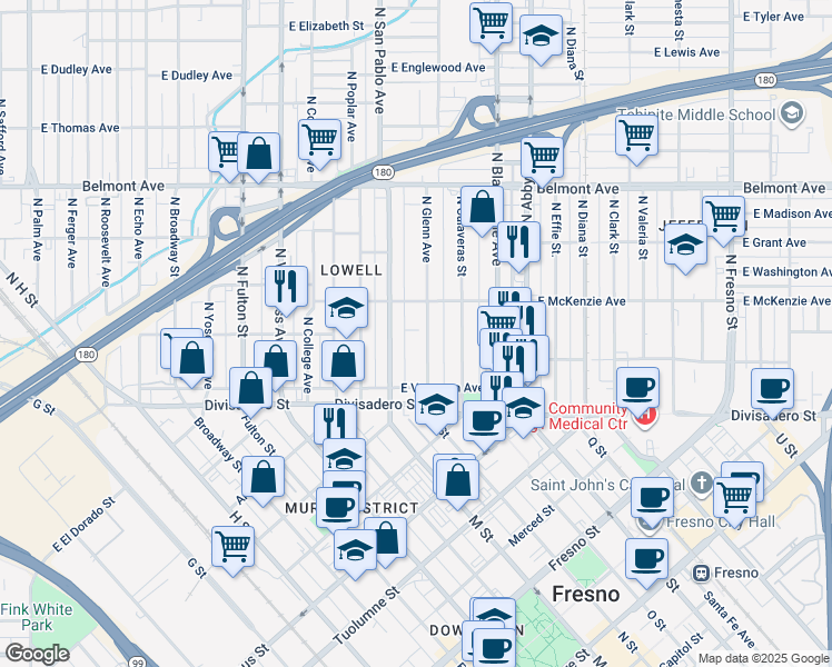 map of restaurants, bars, coffee shops, grocery stores, and more near 243 North Glenn Avenue in Fresno
