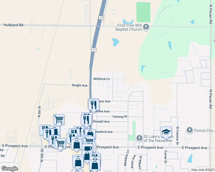 map of restaurants, bars, coffee shops, grocery stores, and more near 3501 B Street in Ponca City