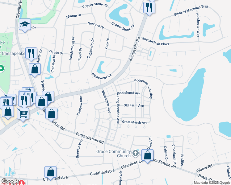 map of restaurants, bars, coffee shops, grocery stores, and more near 1101 Winsford Lane in Chesapeake