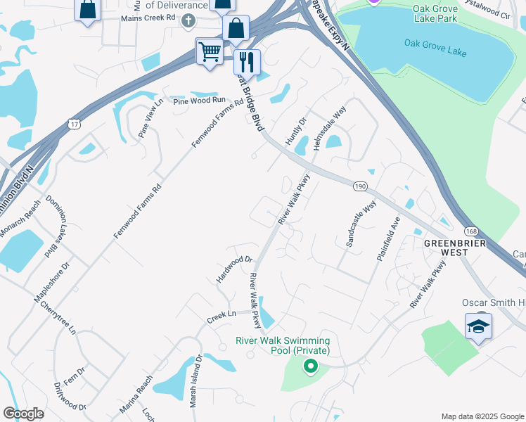 map of restaurants, bars, coffee shops, grocery stores, and more near 816 Shenandoah River Road in Chesapeake