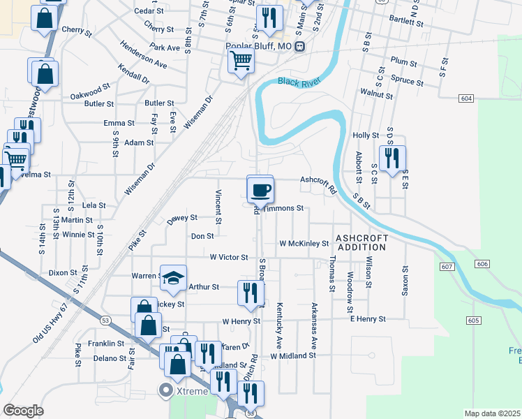 map of restaurants, bars, coffee shops, grocery stores, and more near South Broadway Street in Poplar Bluff