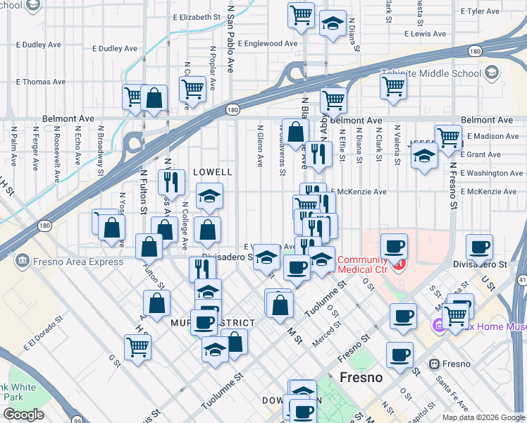 map of restaurants, bars, coffee shops, grocery stores, and more near 242 North Glenn Avenue in Fresno