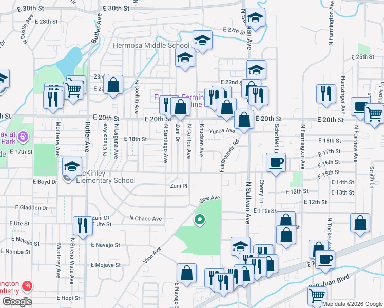 map of restaurants, bars, coffee shops, grocery stores, and more near 1512 North Carlton Avenue in Farmington