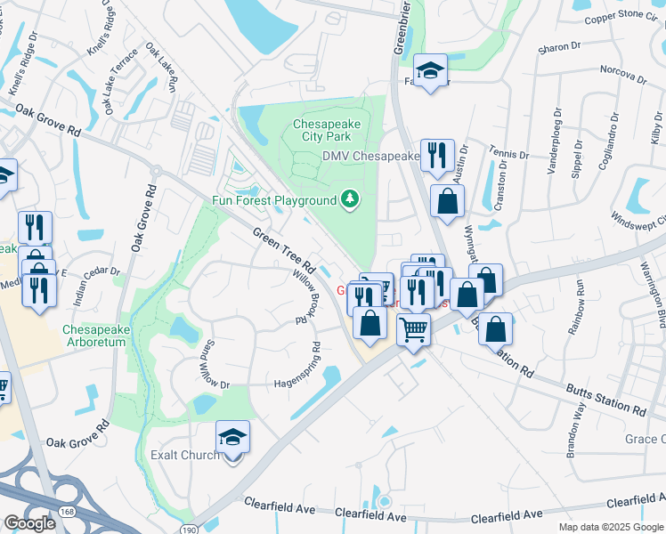 map of restaurants, bars, coffee shops, grocery stores, and more near 663 Lacy Oak Drive in Chesapeake