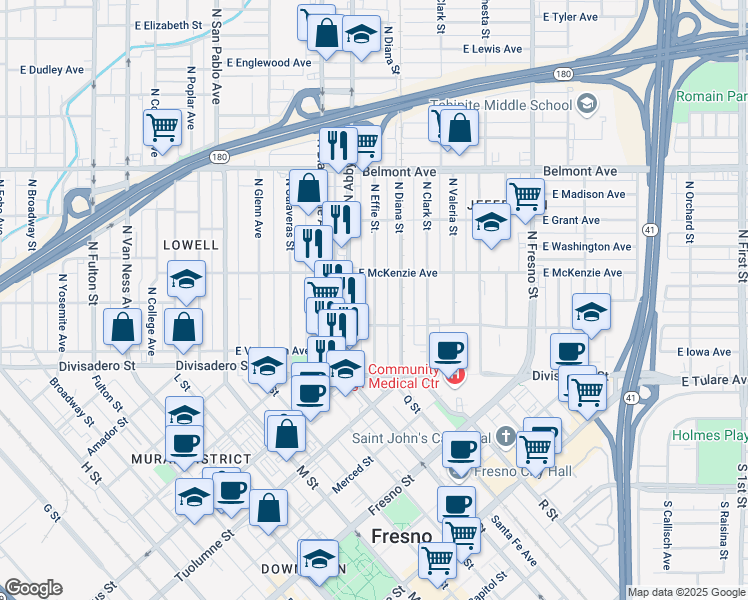 map of restaurants, bars, coffee shops, grocery stores, and more near 215 North Effie Street in Fresno