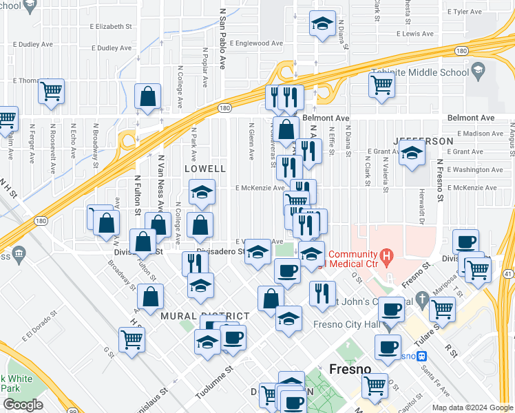 map of restaurants, bars, coffee shops, grocery stores, and more near 208 North Glenn Avenue in Fresno